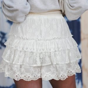 White Lace Ruffle Tiered Drawstring Elastic Waist Sweet Shorts