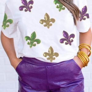 White Mardi Gras Fleur De Lis Sequin Graphic T Shirt