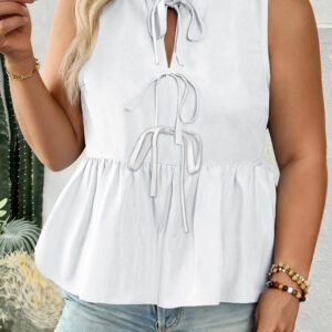 White Plus Size Solid Color Bow Tie Peplum Tank Top