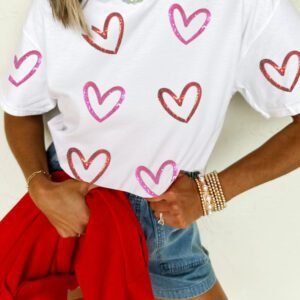 White Sequin Heart Sketch Graphic Womens Casual Tee