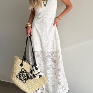 White Tie Spaghetti Straps Floral Lace Overlay Long Dress