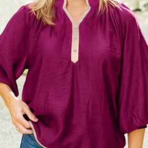 Wild Ginger Plus Size Contrast Trim Button V Neck Puffy Bracelet Sleeve Blouse