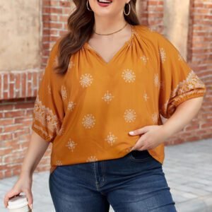 Yellow Boho Chic Notched V Neck Plus Floral Short Sleeve Top