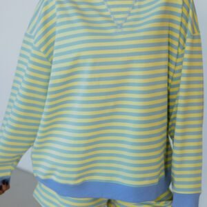 Yellow Stripe Color Block Detail Long Sleeve Pullover Elastic Waist Pull On Shorts 2pcs Set