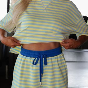 Yellow Stripe Drop Shoulder Boxy Casual Terry Short Set
