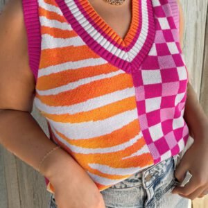 Yellow Striped Checkered Contrast Patchwork V Neck Sweater Vest