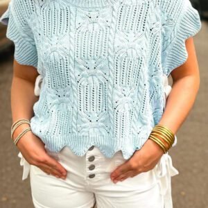 Beau Blue Pointelle Knit Patterned Scalloped Trim Short Sleeve Sweater