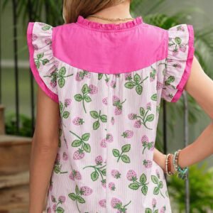 Pink Striped Strawberry Printed Color Block Patchwork V Neck Flutter Sleeve Blouse