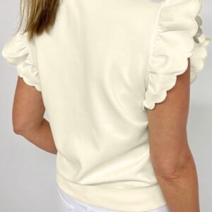 Beige Zipped up Collared Ruffled Short Sleeve Blouse