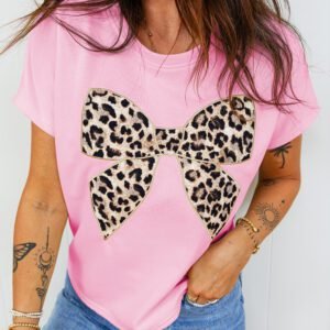 Pink Leopard Bow Embroidered Cotton Round Neck T Shirt