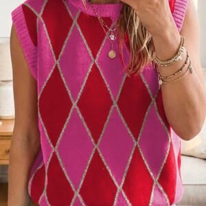 Rose Glitter Trim Rhombus Pattern Knit Sweater Vest