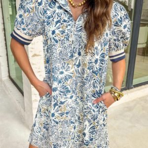 Blue Floral Print Striped Webbing Patchwork Collar Short Sleeve Mini Dress