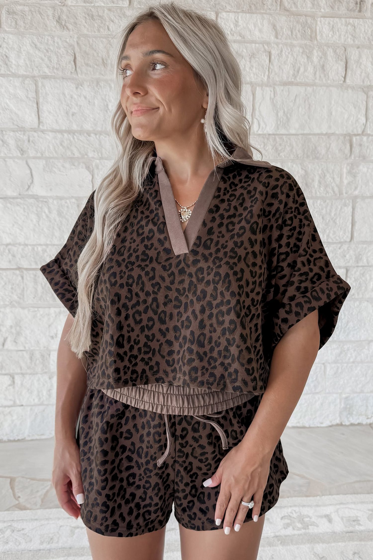 Brown V Neck Collar Leopard Printed 2pcs Short Set