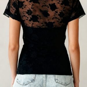 Black Floral Lace Mesh Short Sleeve Sheer Top