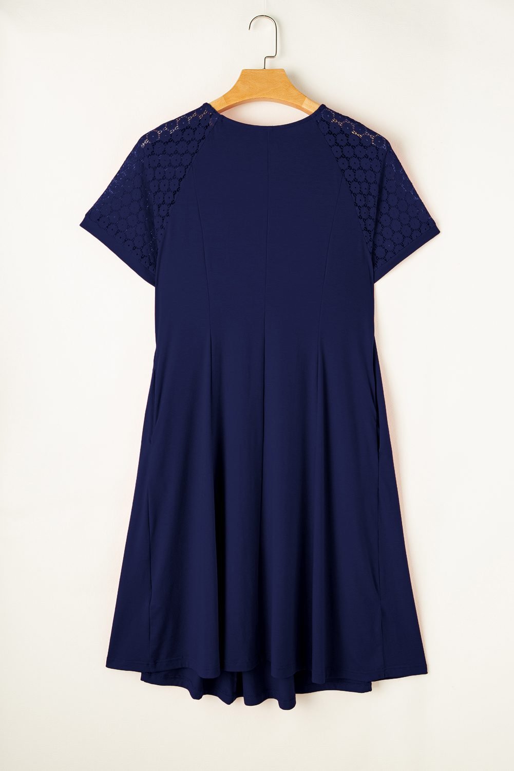 Navy Blue Plus Size Solid Color Lace Short Sleeve Pleated Swing Dress