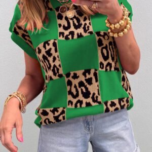 Green Leopard Checkerboard Short Sleeve Knit Sweater