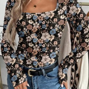 Black Floral Print Slim Long Sleeve T Shirt