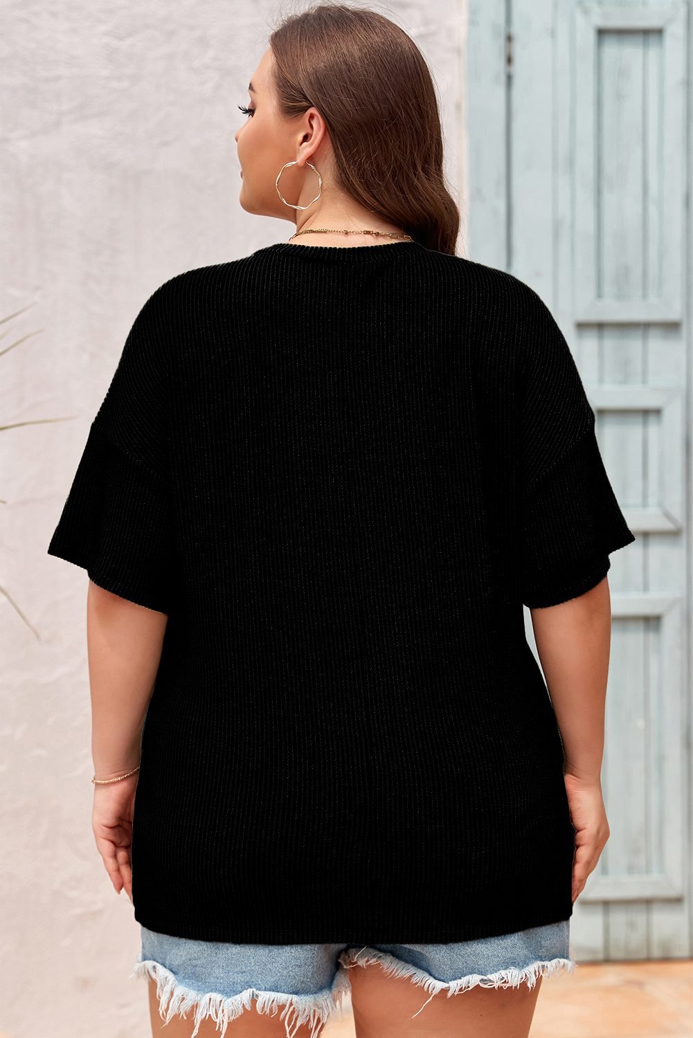 Black Textured V-Neck Dropped Shoulder Plus T-Shirt