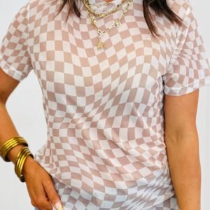 Khaki Checkered Print Mock Neck Mesh T Shirt