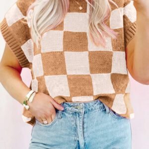 Light French Beige Colorblock Plaid Pattern Ribbed Trim Sweater Tank Top