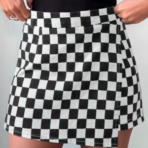 Black Checkered Print Overlap Denim Shorts