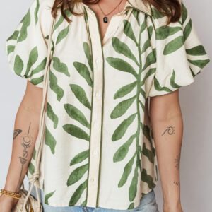 Green Leaf Print Short Balloon Sleeve Shirt