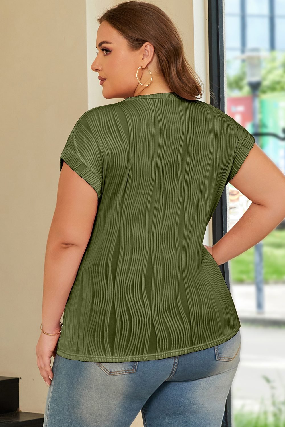 Jungle Green Solid Color Wavy Textured Plus Size Tee