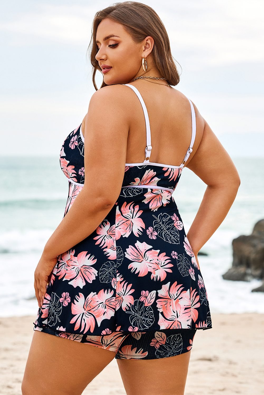 Black Plus Size Ribbed Contrast Trim Adjustable Straps 2pcs Swimsuit