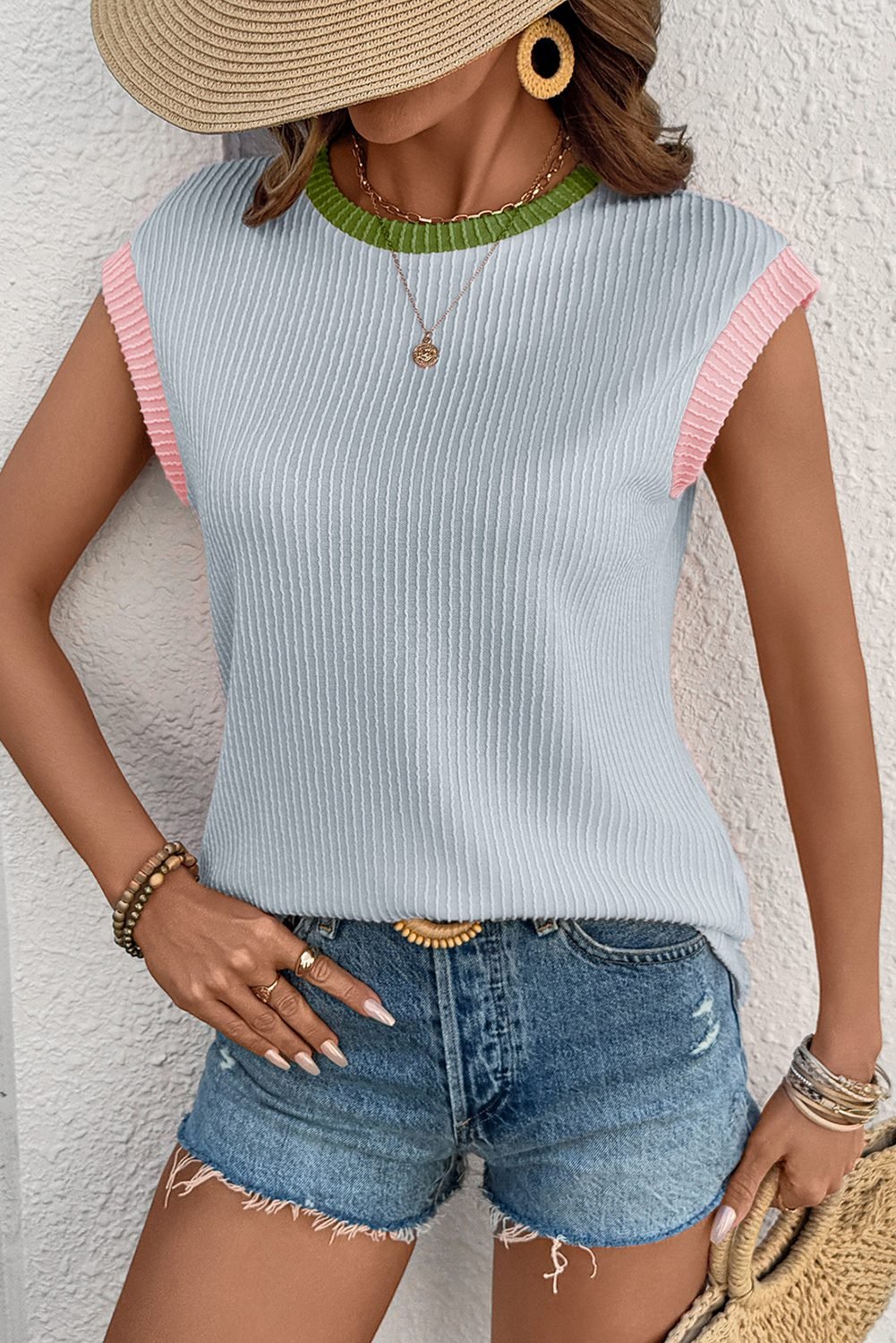 Beau Blue Color Block Corded Knit Crew Neck Tee