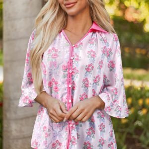 Purple Floral Collared Ruffled Half Sleeve Shirt