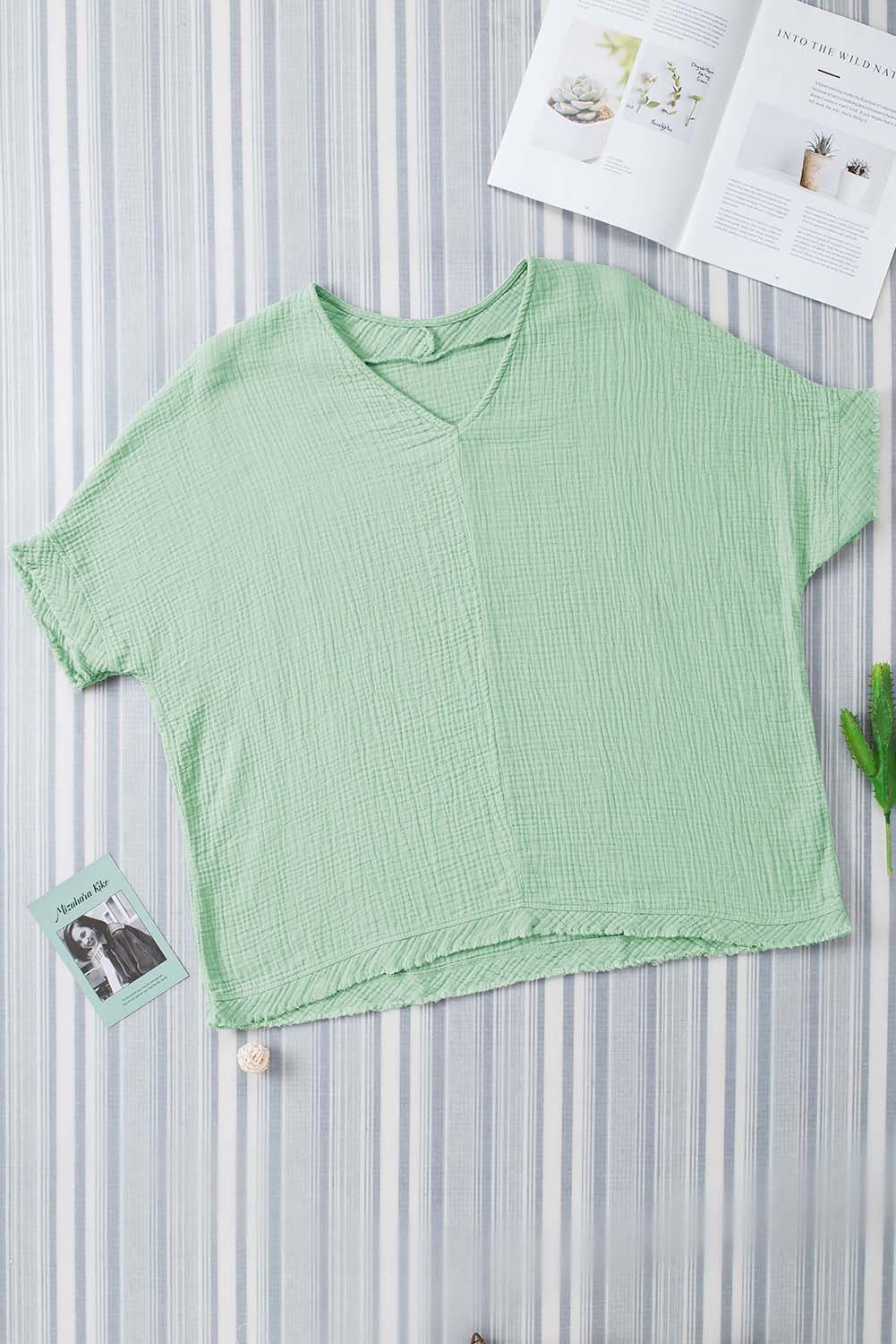 Green Frayed Batwing Sleeve Textured Cotton Blouse