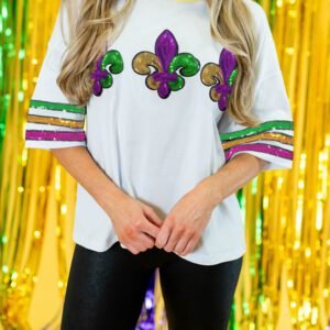 White Sequin Fleur de Lis Mardi Gras Varsity T Shirt