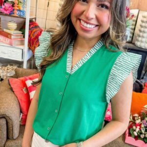 Dark Green Plus Size Button Front Ruffled Stripe Trim V Neck Flutter Sleeve Blouse