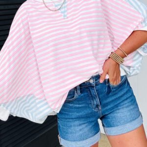 Casual Stripe Oversize Dolman Sleeve Patchwork T Shirt