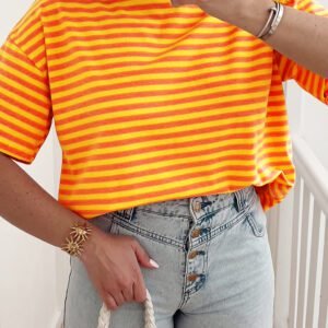Orange Stripe Contrast Crew Neck Drop Shoulder Loose Tee