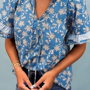 Blue Floral Print Button Tie Neck Striped Detail Short Sleeve Blouse