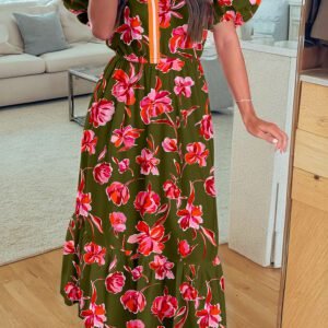Green Floral Print Striped Trim Split Neck Short Puff Sleeve Ruffle Hem Maxi Dress
