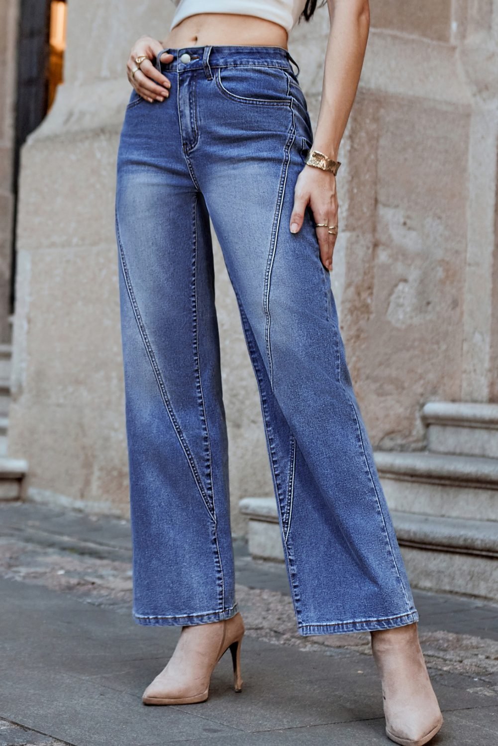 Dark Blue Trendy Seam Detail Straight Leg Jeans