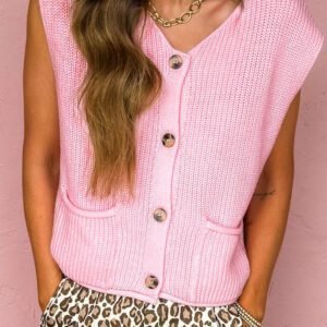 Pink Solid Color Knit V Neck Button Front Sweater Vest