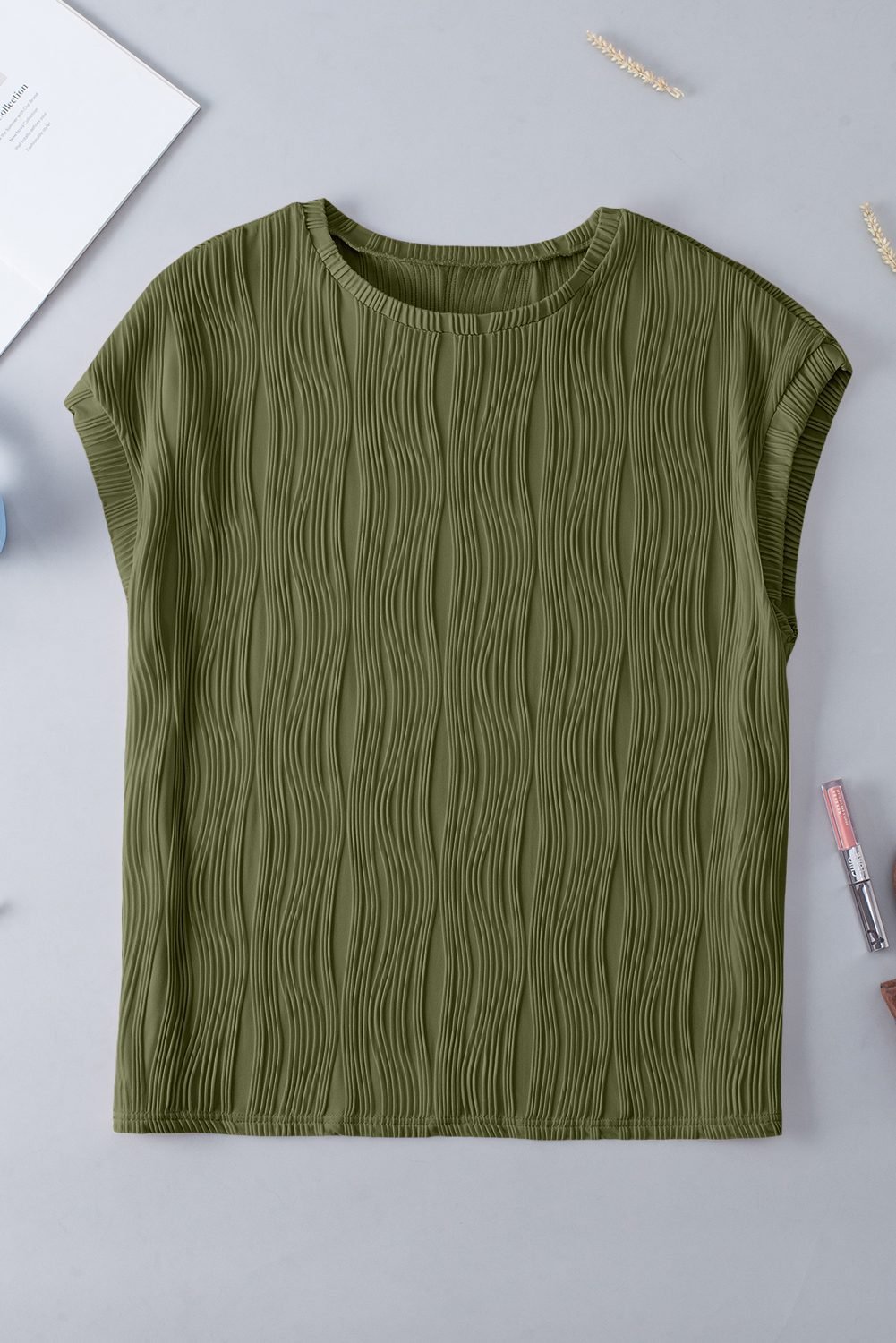 Jungle Green Solid Color Wavy Textured Plus Size Tee