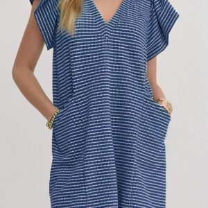 Blue Stripe Textured Knit V Neck Flutter Sleeve Shift Mini Dress