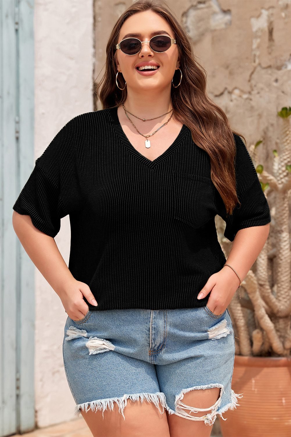 Black Textured V-Neck Dropped Shoulder Plus T-Shirt