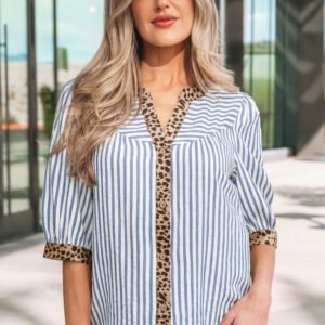 Sky Blue Stripe Leopard Trim V Neck Button Down Half Sleeve Shirt