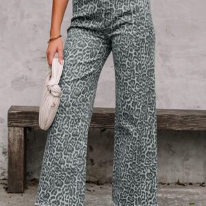 Gray Leopard Frayed Edge Wide Leg High Waist Jeans