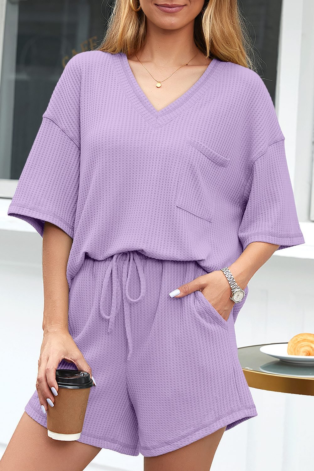 Orchid Petal Solid Color Waffled V Neck Loose Tee Drawstring Shorts Set