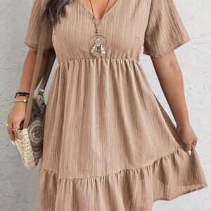 Dark Khaki Plus Size Textured Ruffled Short Sleeve Dress