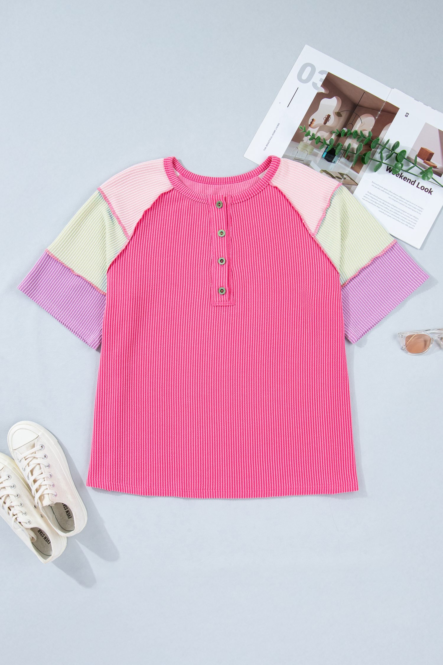 Bright Pink Plus Size Twisted Rib Color Block Patchwork Short Sleeve Henley Top