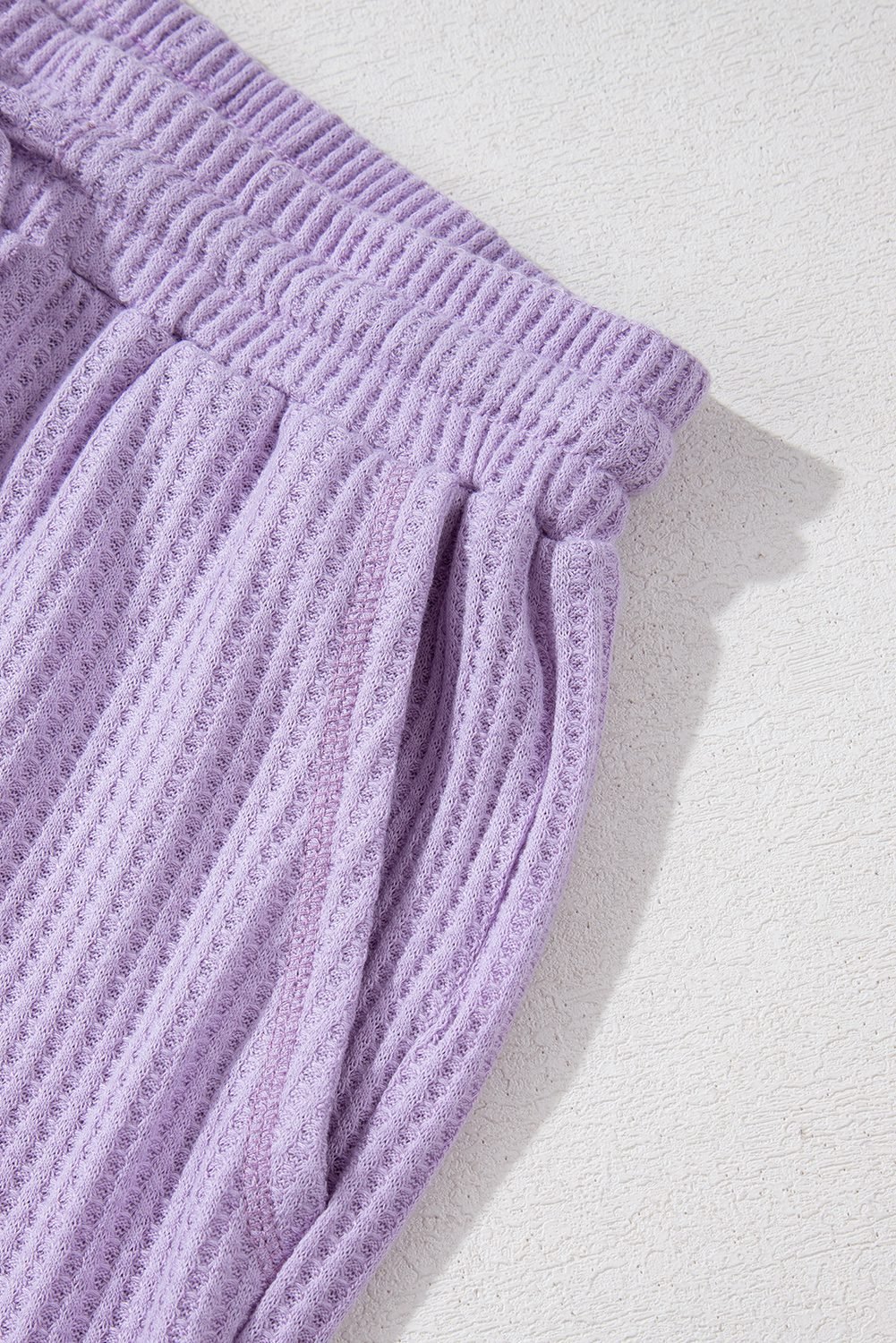 Orchid Petal Solid Color Waffled V Neck Loose Tee Drawstring Shorts Set