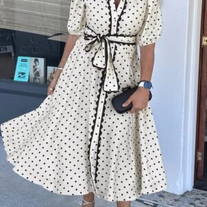 White Polka Dot Printed Contrast Scalloped Trim Shirt Collar Button Down Belted Midi Dress