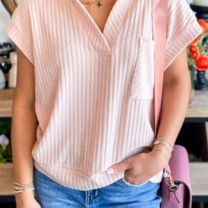 Light Pink Collared V Neck Ribbed Tee